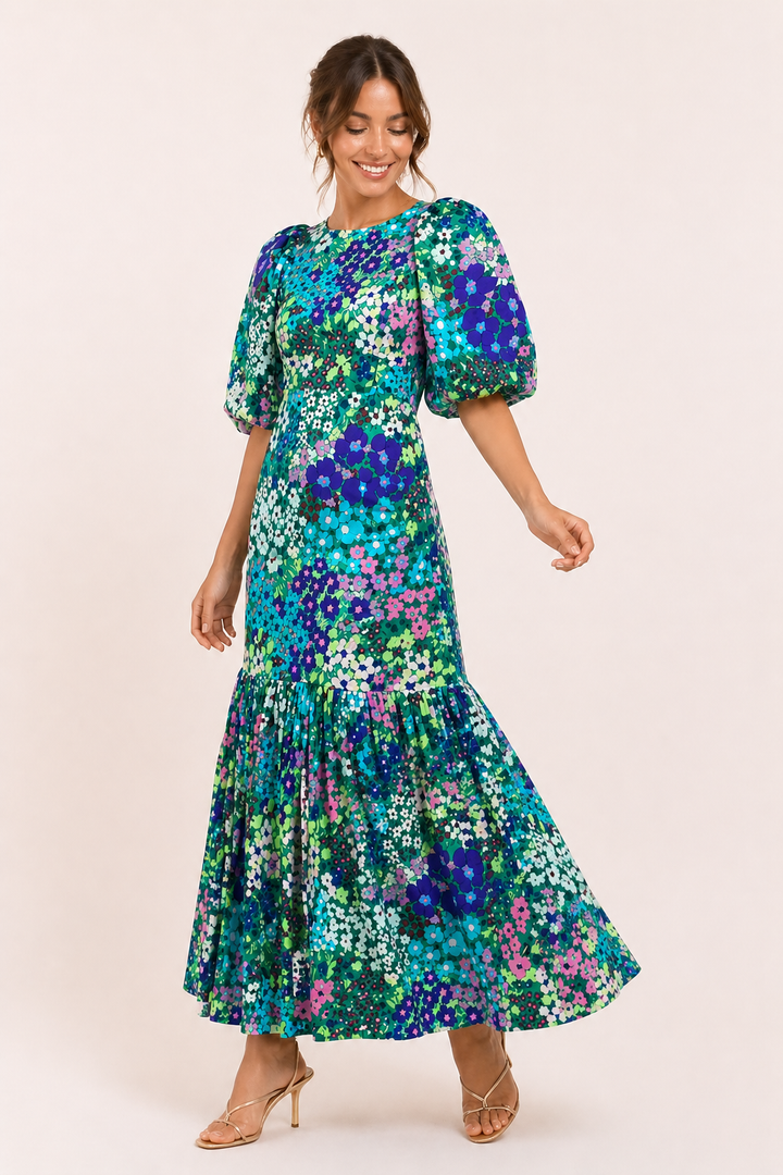 Robe midi florale à manches bouffantes - Nani