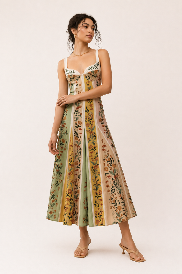 Robe midi à bretelles pour femme, imprimé floral, été, coupe cintrée - Lorena