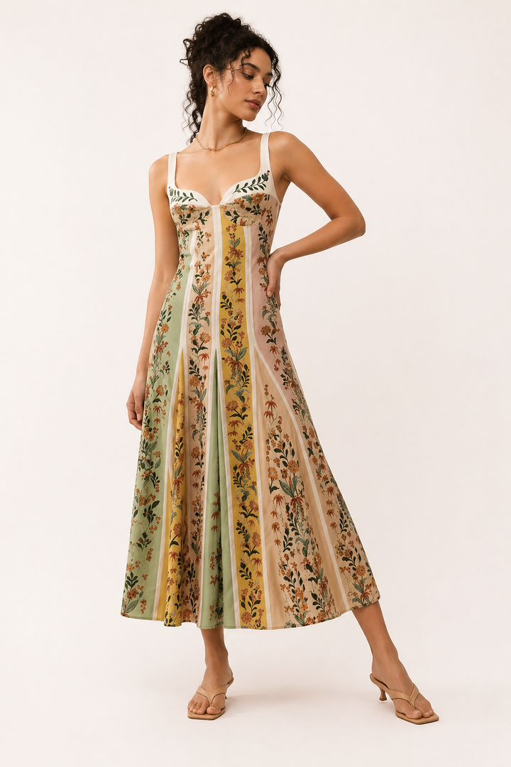 Robe midi à bretelles pour femme, imprimé floral, été, coupe cintrée - Lorena