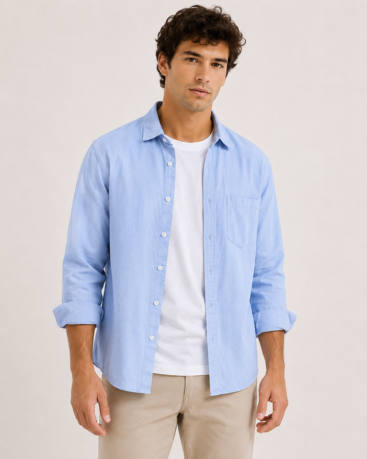 Chemise en lin hommes, manches longues, pochette - Emil