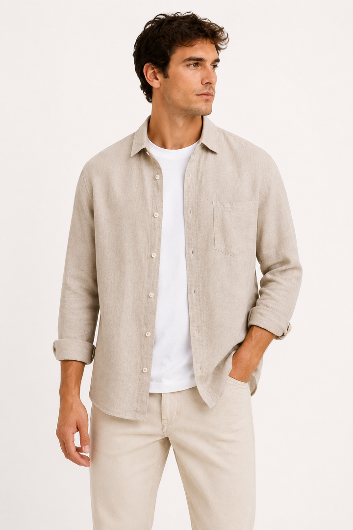 Chemise en lin hommes, manches longues, pochette - Emil