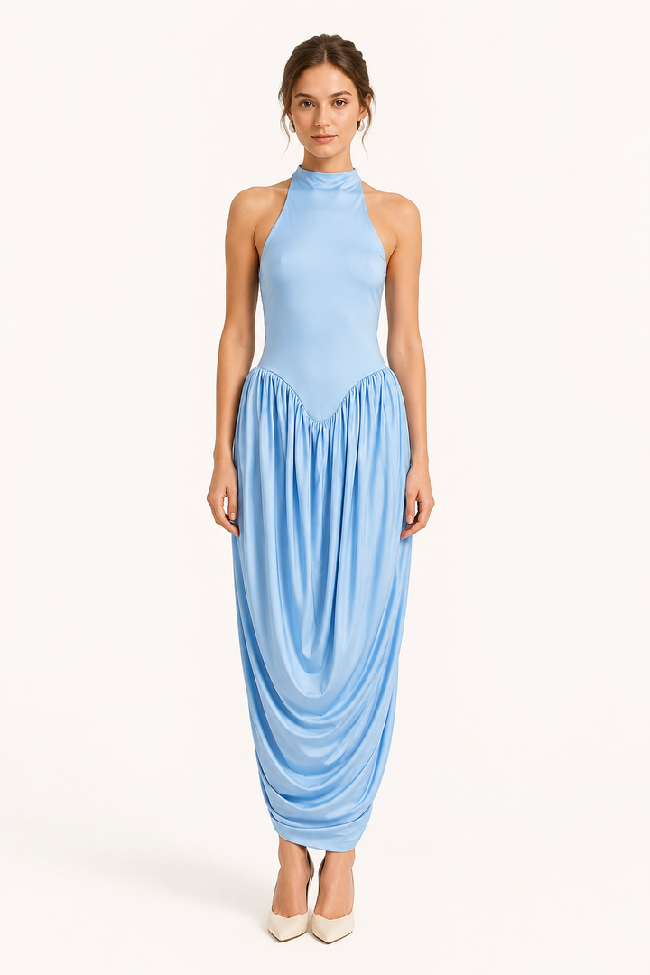 Robe longue d'été pour femme, avec col licou et jupe fluide - Liv