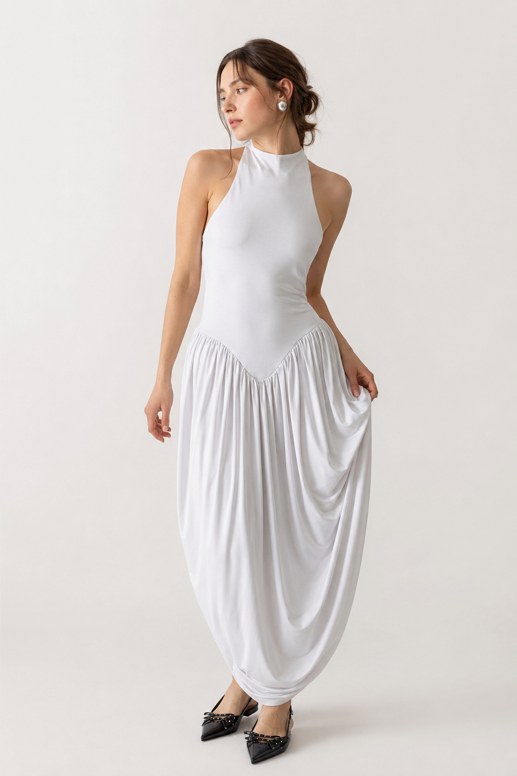 Robe longue d'été pour femme, avec col licou et jupe fluide - Liv