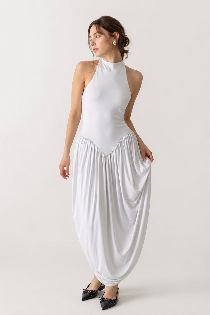 Robe longue d'été pour femme, avec col licou et jupe fluide - Liv