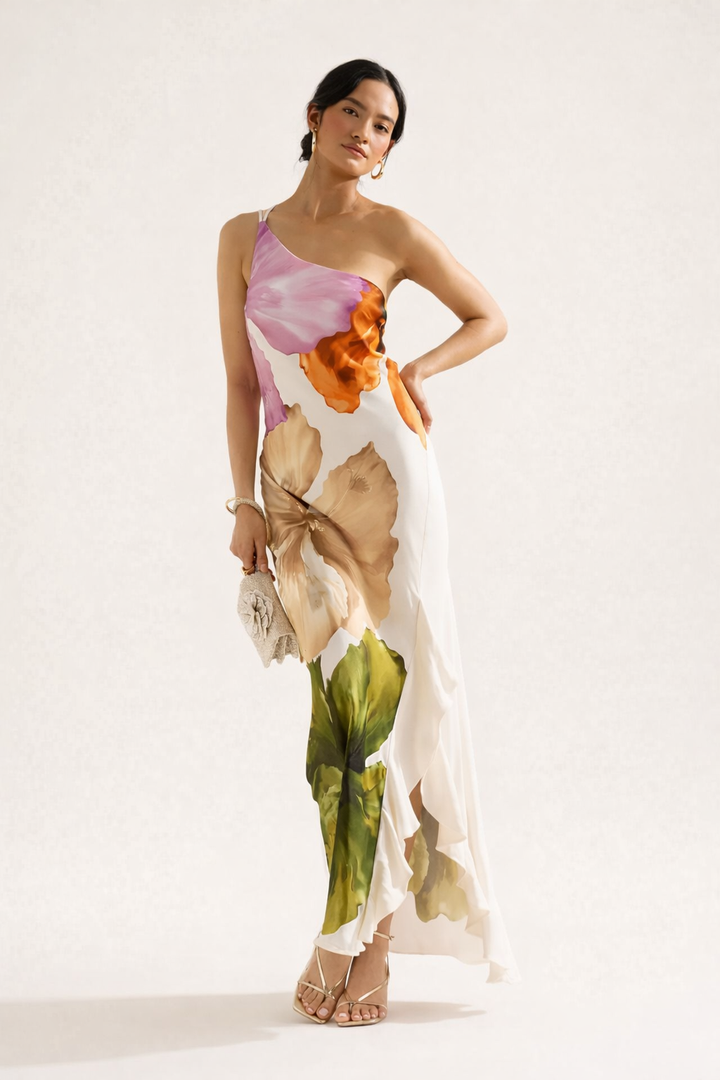Robe longue asymétrique fleurie printemps-été - Loise