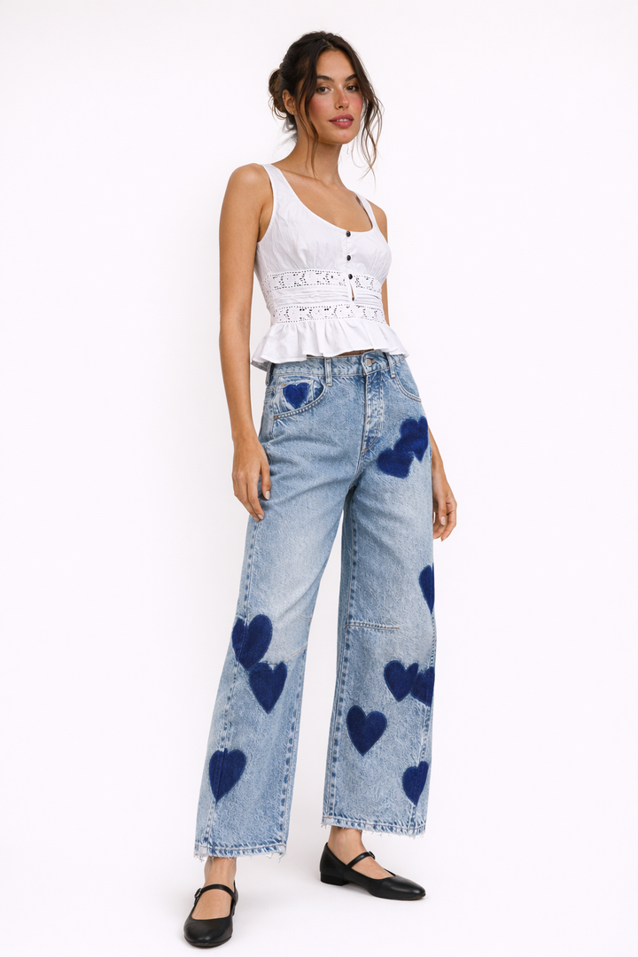 Jean skinny taille moyenne imprimé cœur pour femme - Margaret