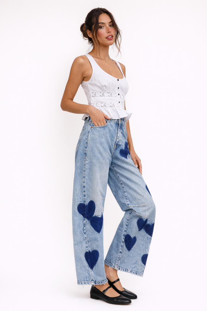 Jean skinny taille moyenne imprimé cœur pour femme - Margaret
