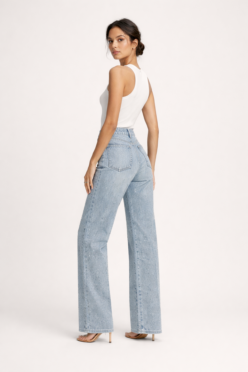 Pantalon taille haute en denim avec strass pour femme - Amelie