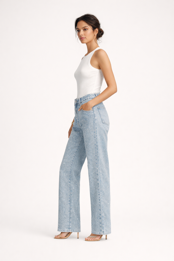 Pantalon taille haute en denim avec strass pour femme - Amelie