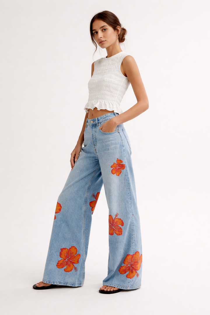 Pantalon denim imprimé floral pour femmes - Colette