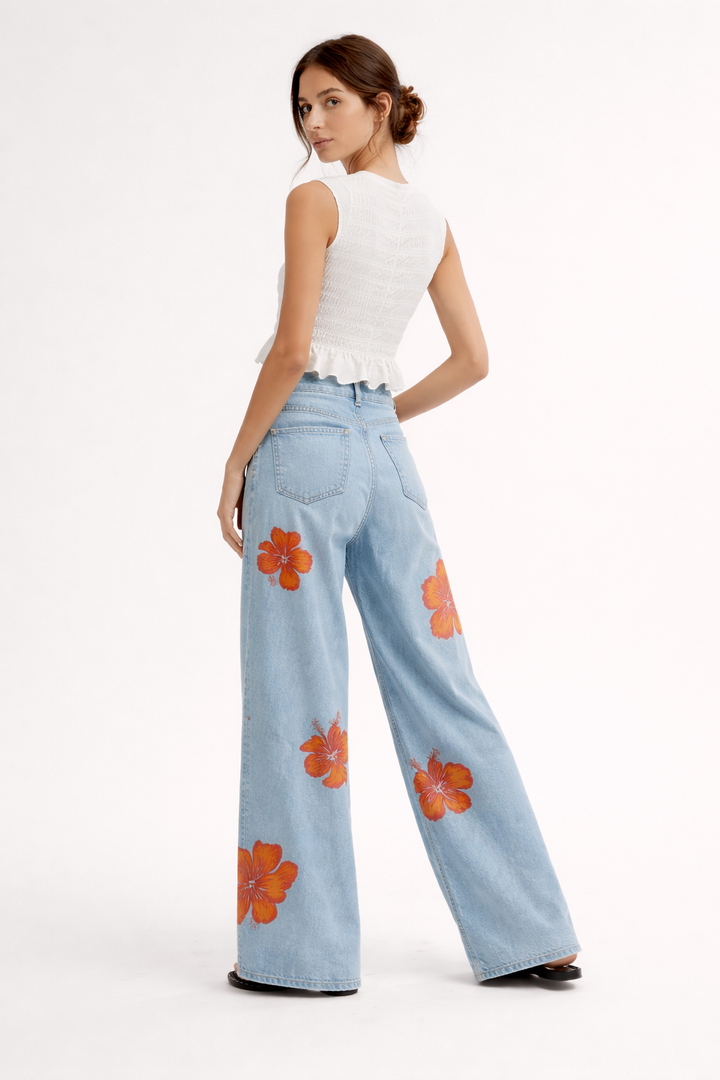 Pantalon denim imprimé floral pour femmes - Colette