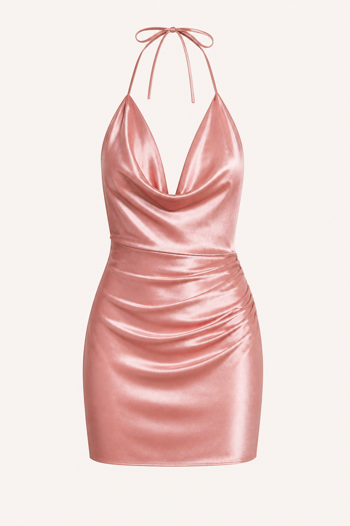 Robe courte à bretelles drapées, encolure drapée, coupe ajustée, robe de soirée - Kaela