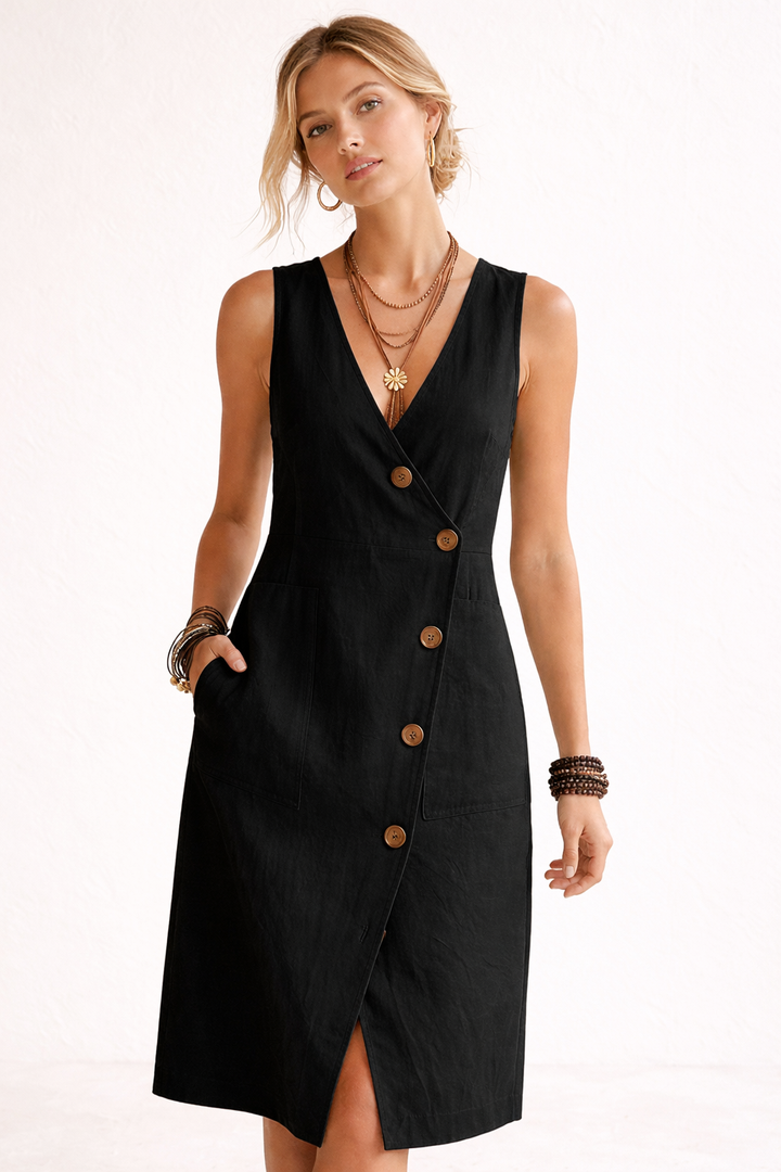 Robe croisée midi boutonnée avec décolleté en V pour femme - Adelina