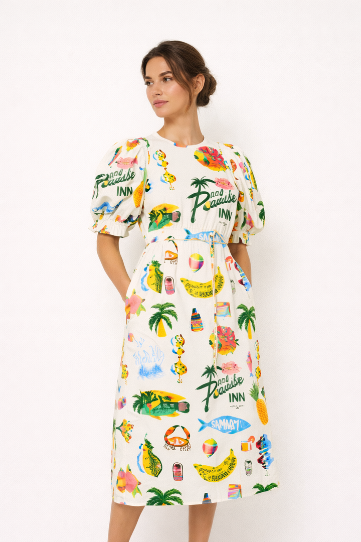Robe à manches bouffantes imprimée pour femme style estival décontracté confortable - Stella