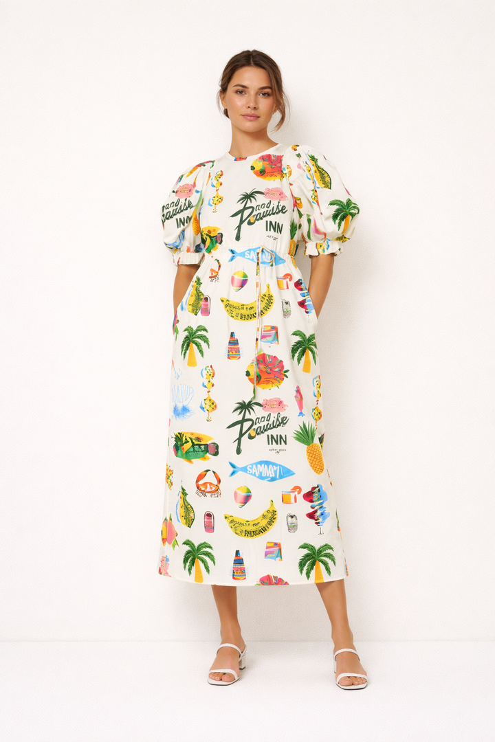 Robe à manches bouffantes imprimée pour femme style estival décontracté confortable - Stella