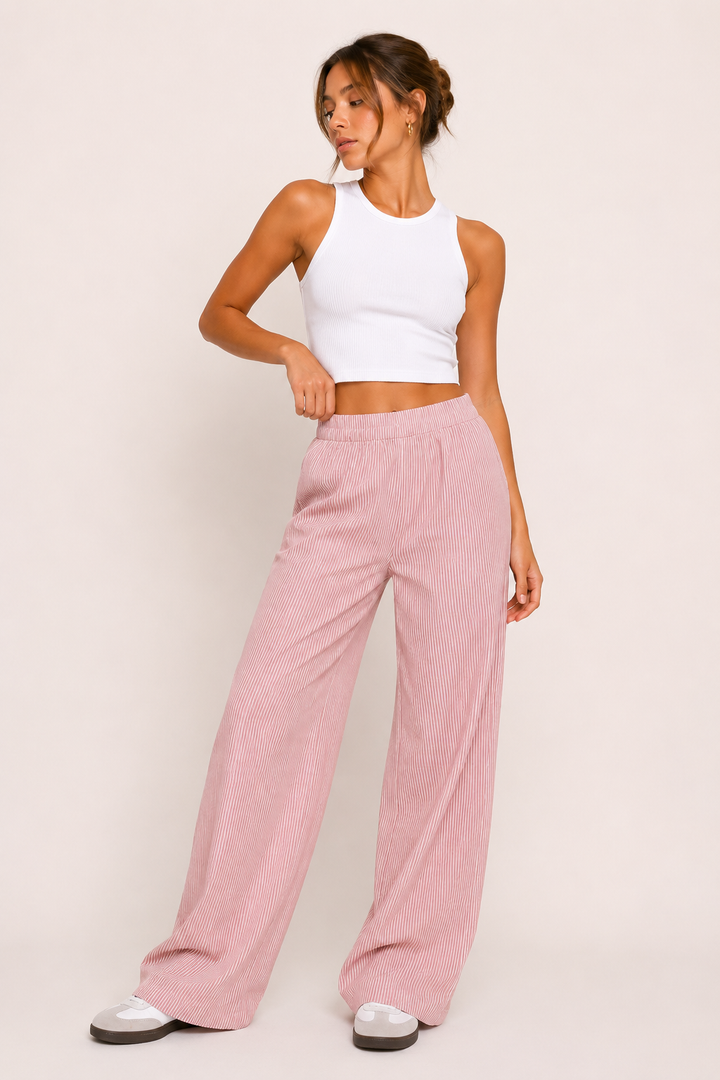 Pantalon décontracté pour femme, rayures, coupe large, ceinture élastique confortable - Naire