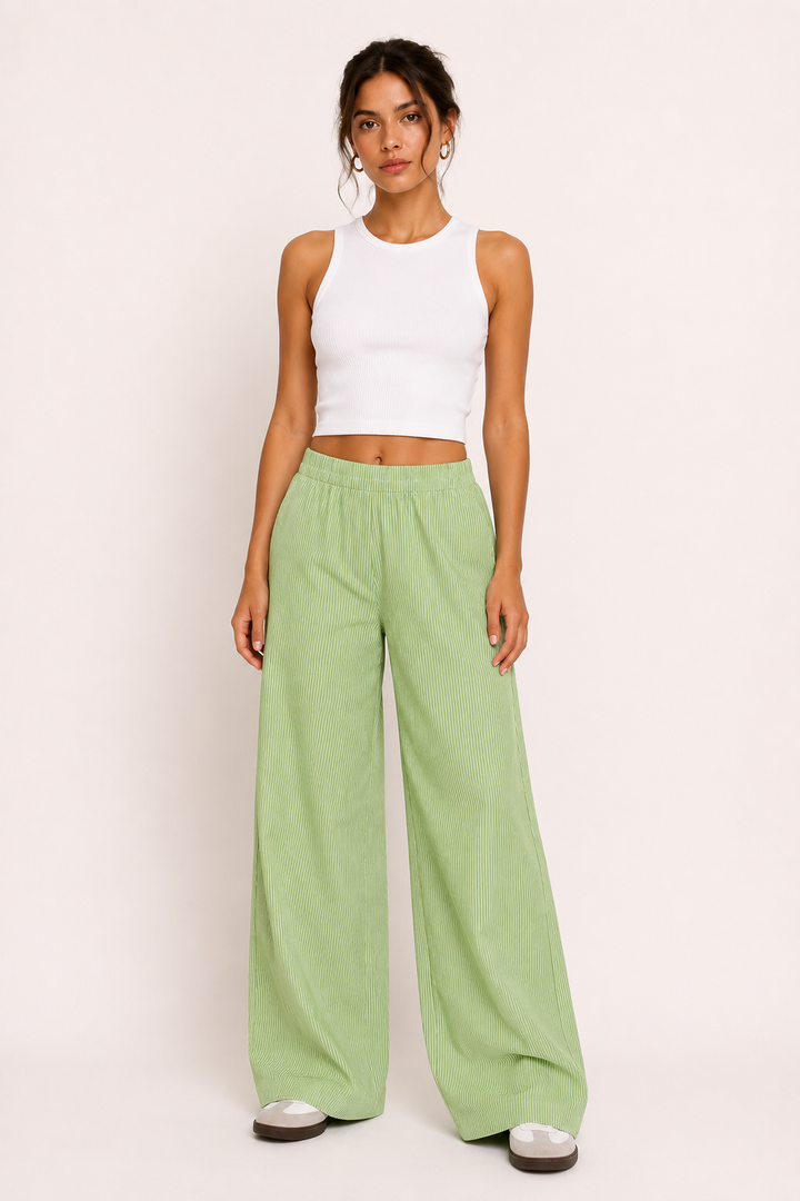 Pantalon décontracté pour femme, rayures, coupe large, ceinture élastique confortable - Naire