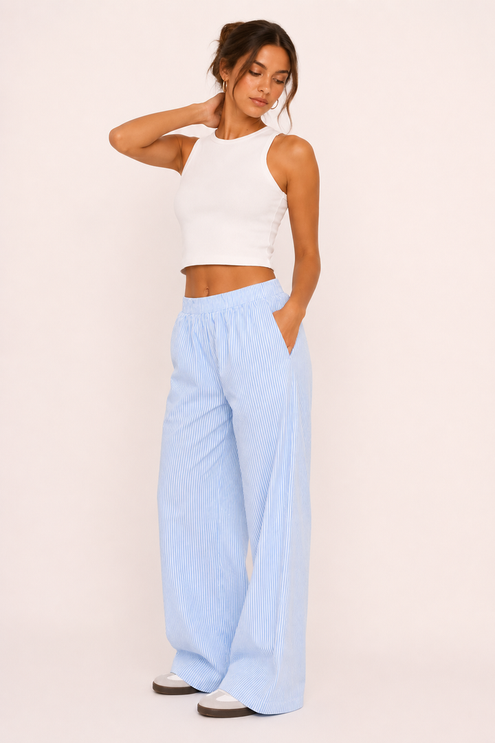 Pantalon décontracté pour femme, rayures, coupe large, ceinture élastique confortable - Naire