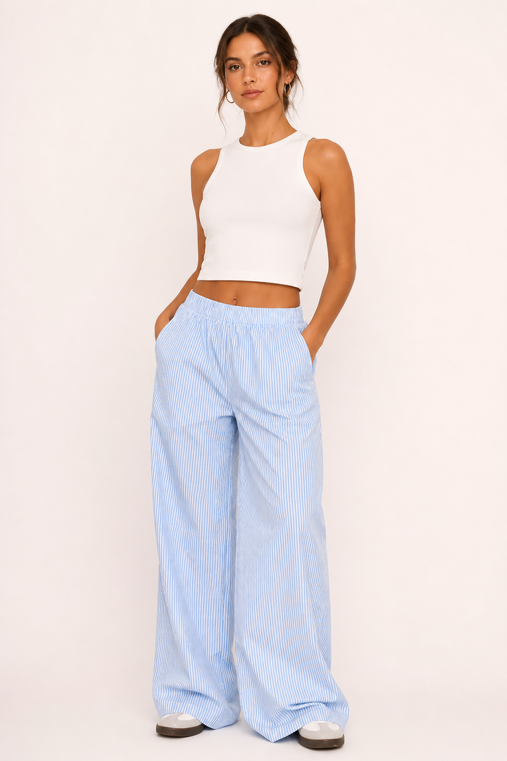 Pantalon décontracté pour femme, rayures, coupe large, ceinture élastique confortable - Naire