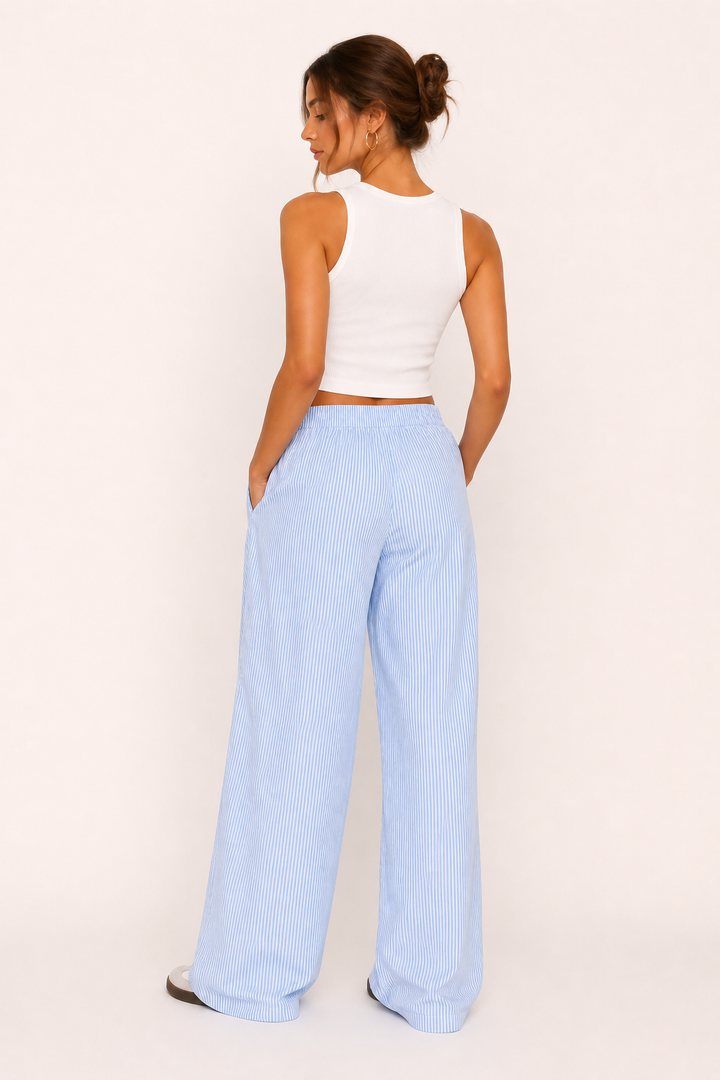 Pantalon décontracté pour femme, rayures, coupe large, ceinture élastique confortable - Naire