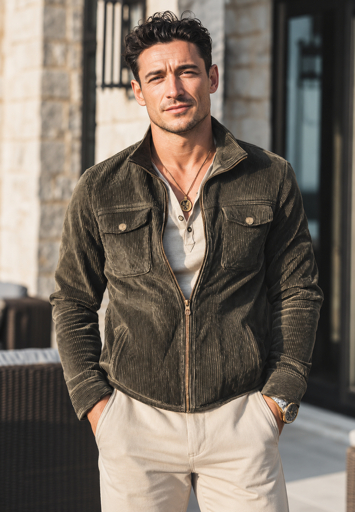 Veste en velours côtelé pour homme, col montant, fermeture éclair, poches - Florian