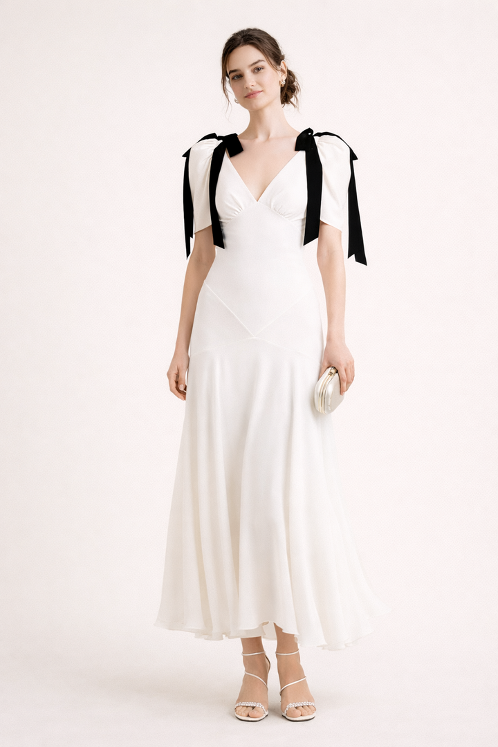 Robe midi pour femme avec encolure en V et nœuds décoratifs - Jena