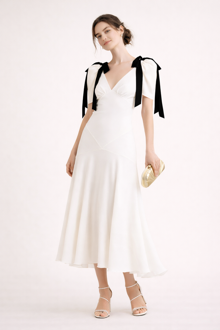 Robe midi pour femme avec encolure en V et nœuds décoratifs - Jena