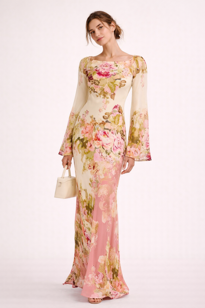Robe longue à imprimé floral et manches évasées pour femme - Helga
