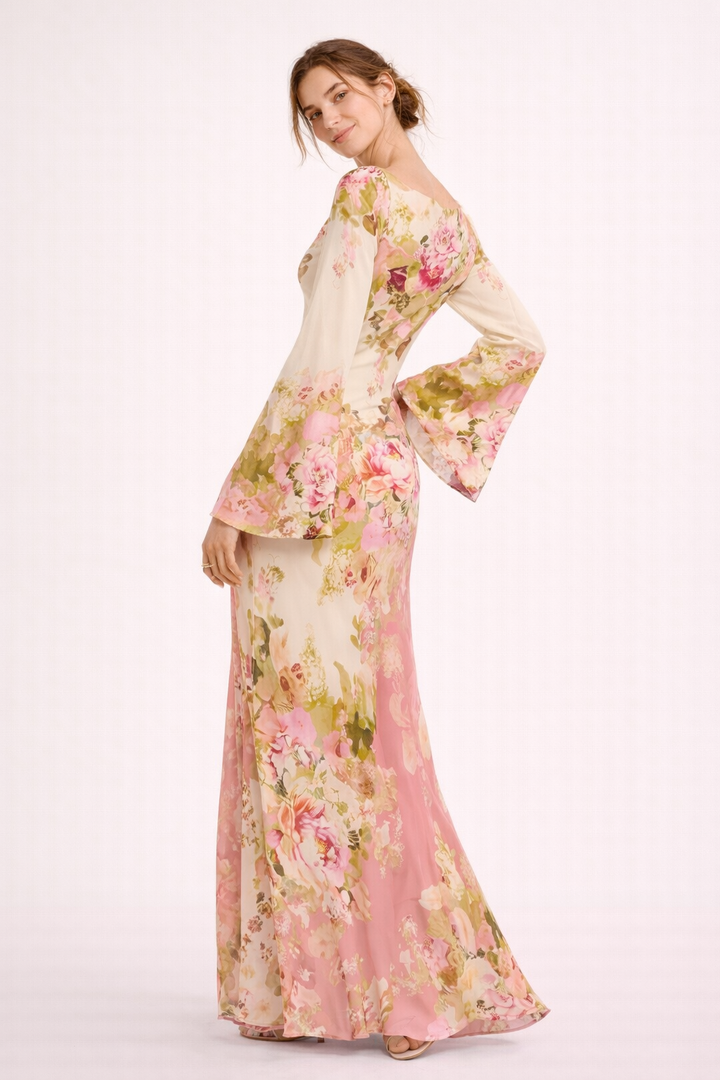 Robe longue à imprimé floral et manches évasées pour femme - Helga