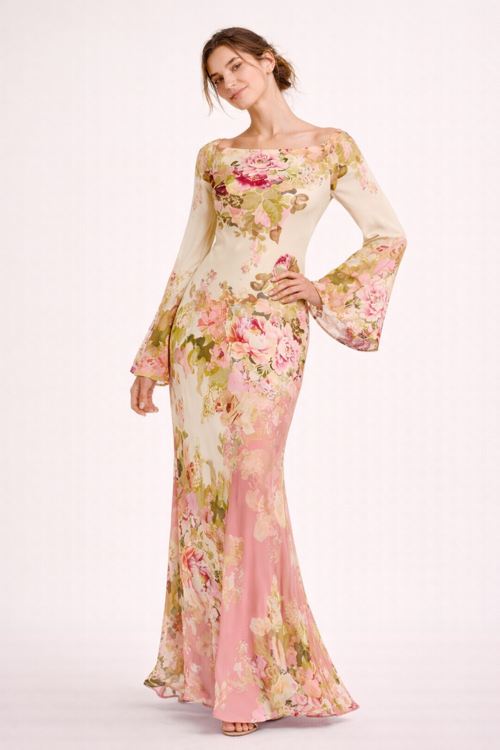 Robe longue à imprimé floral et manches évasées pour femme - Helga