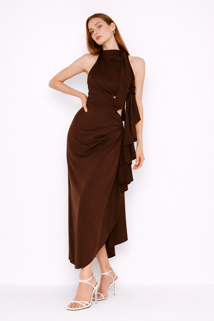 Robe longue pour femme avec encolure licou et fente sur le côté - Giulia