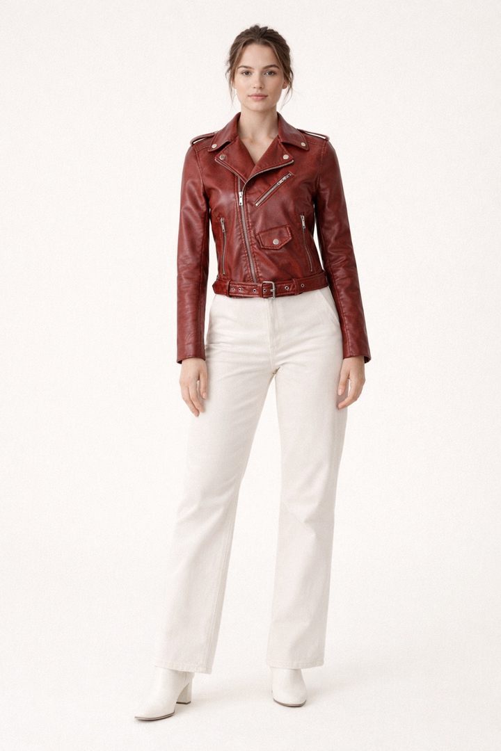Veste de style motard pour femme en cuir synthétique de printemps avec coupe ajustée - Greta
