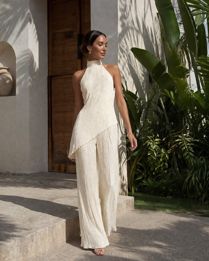 Ensemble pantalon large plissé et dos nu asymétrique pour femme - Sigrid