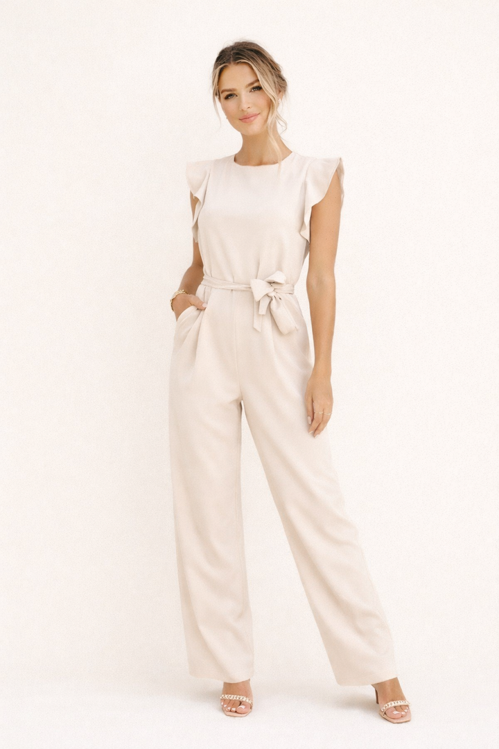 Combinaison longue avec ceinture et manches volantées pour femme - Frieda