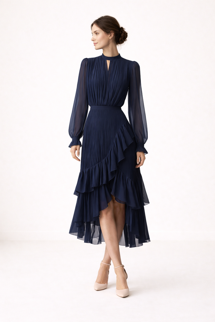 Robe midi plissée pour femme, manches longues, coupe féminine - Anika