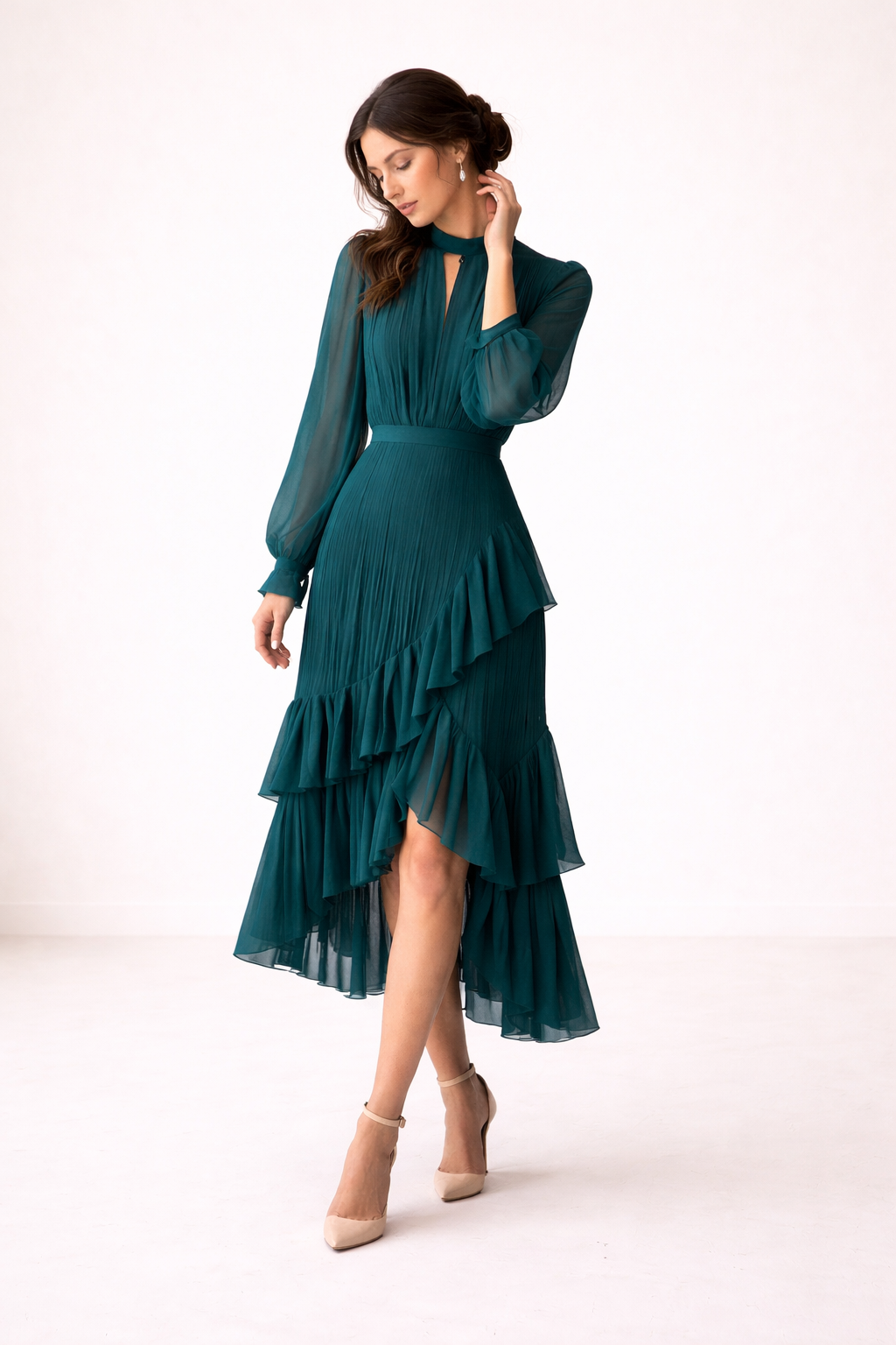 Robe midi plissée pour femme, manches longues, coupe féminine - Anika