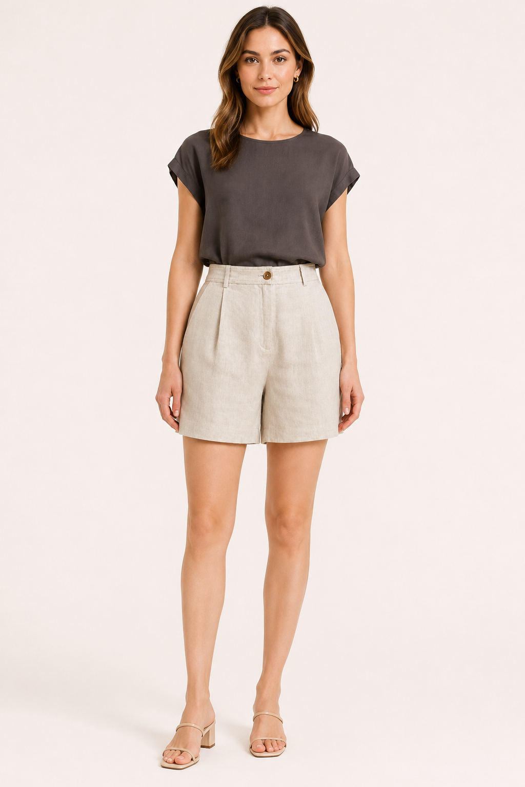 Short femme en lin et coton à taille haute avec pinces - Holly