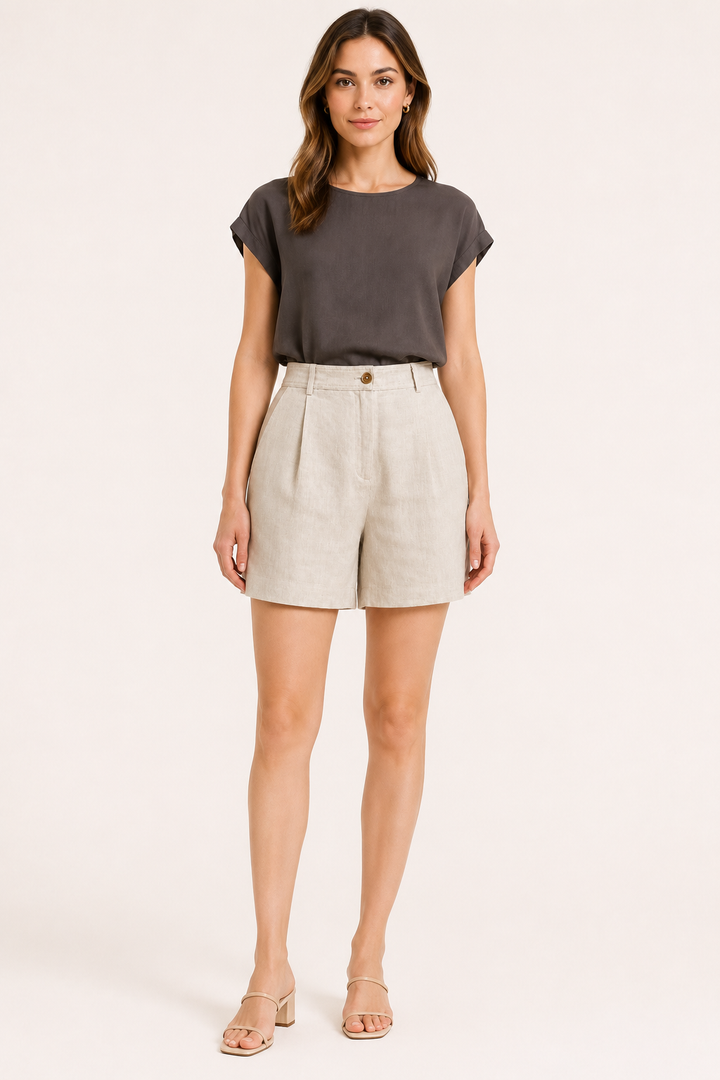 Short femme en lin et coton à taille haute avec pinces - Holly