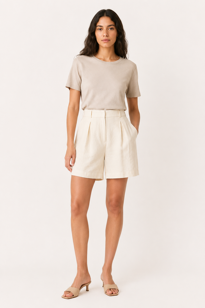 Short femme en lin et coton à taille haute avec pinces - Holly