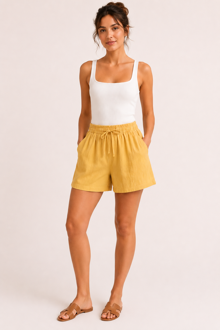 Short femme en lin et coton à taille élastiquée avec cordon - Anja