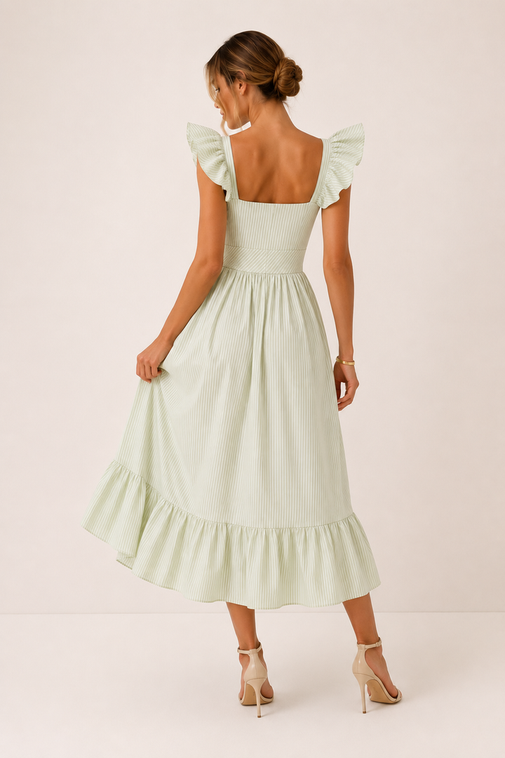 Robe midi à rayures légères et volants pour femmes - Elina