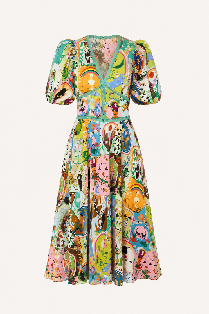 Robe midi femme imprimée colorée manches bouffantes été - Matilda