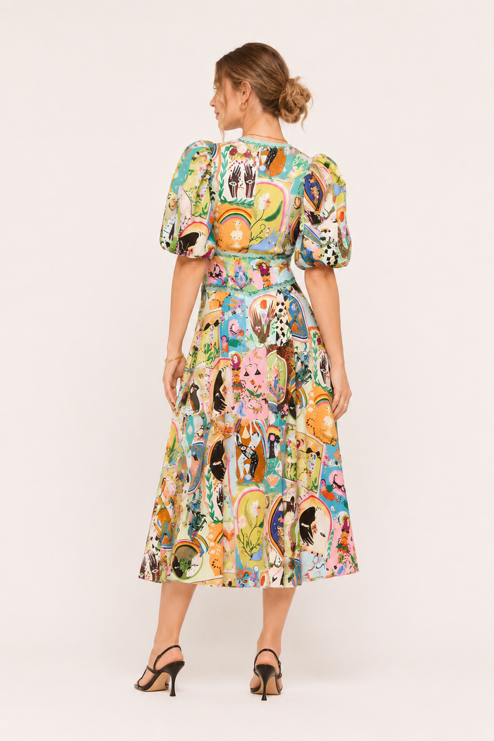 Robe midi femme imprimée colorée manches bouffantes été - Matilda