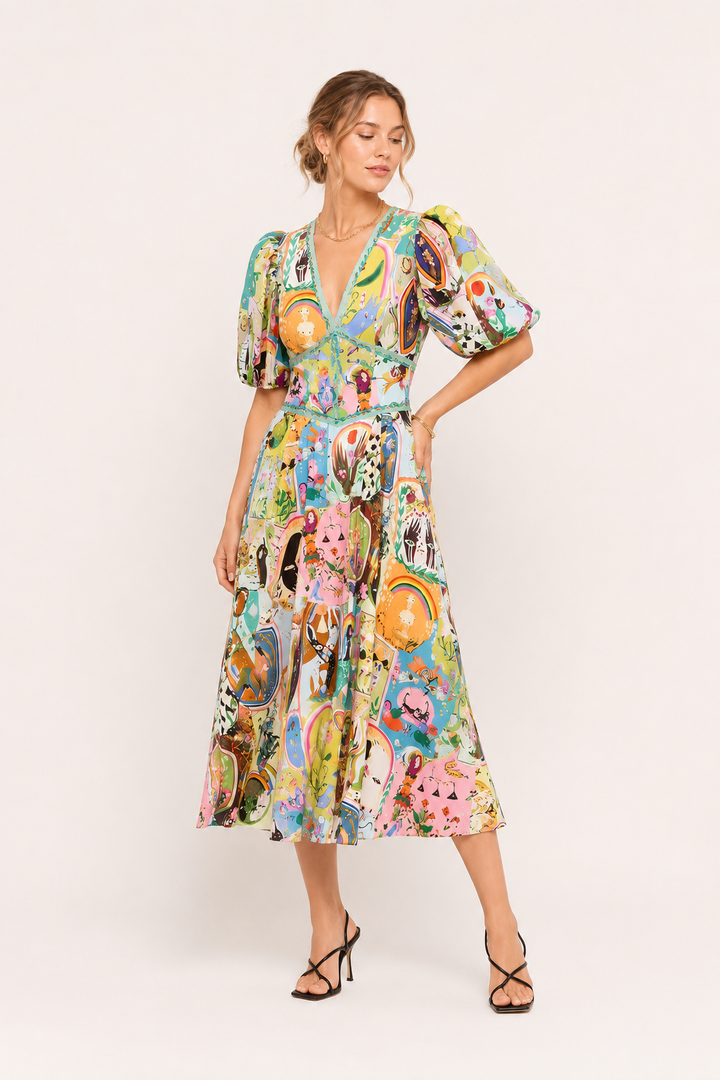 Robe midi femme imprimée colorée manches bouffantes été - Matilda
