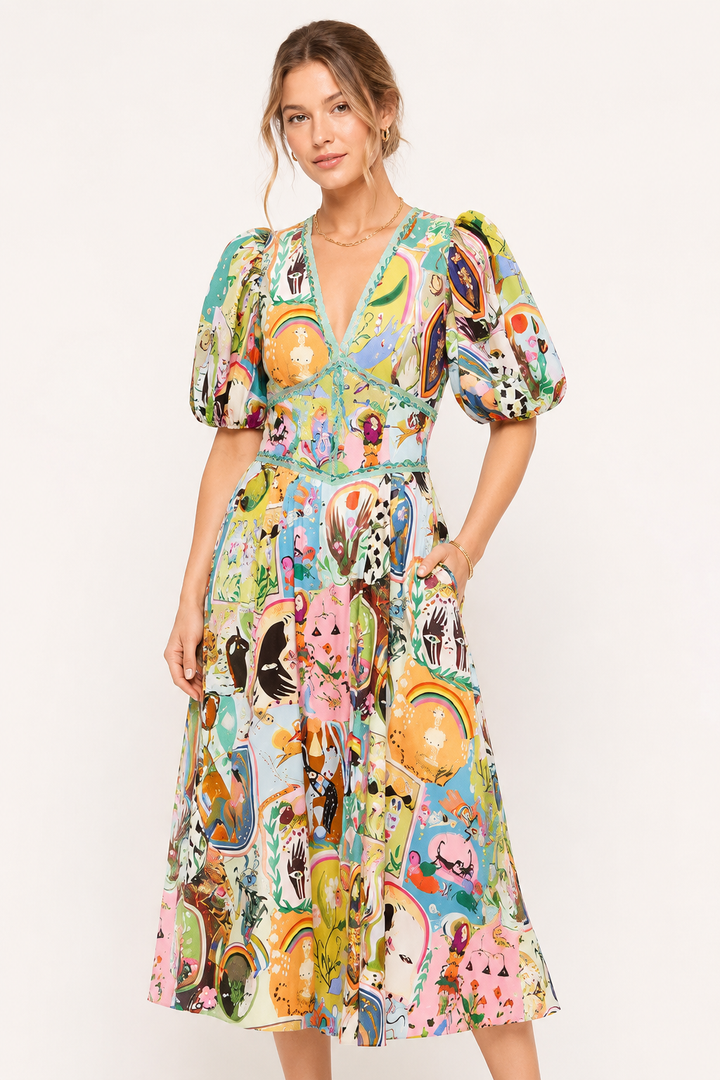 Robe midi femme imprimée colorée manches bouffantes été - Matilda