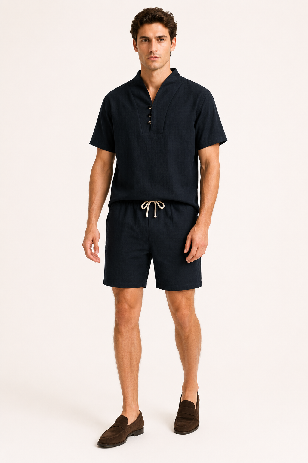 Ensemble homme en lin et coton avec col mao et short - Armin