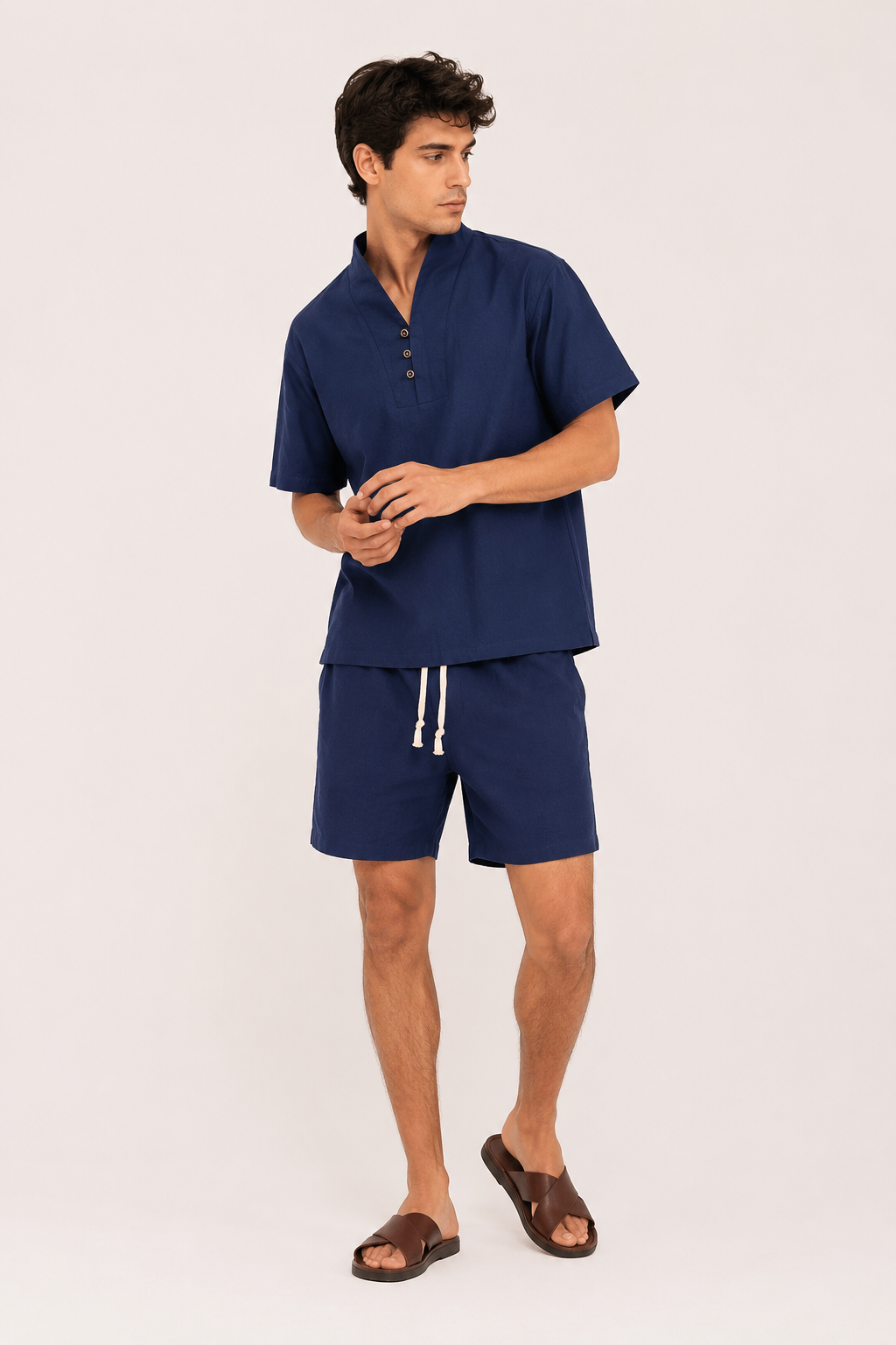 Ensemble homme en lin et coton avec col mao et short - Armin