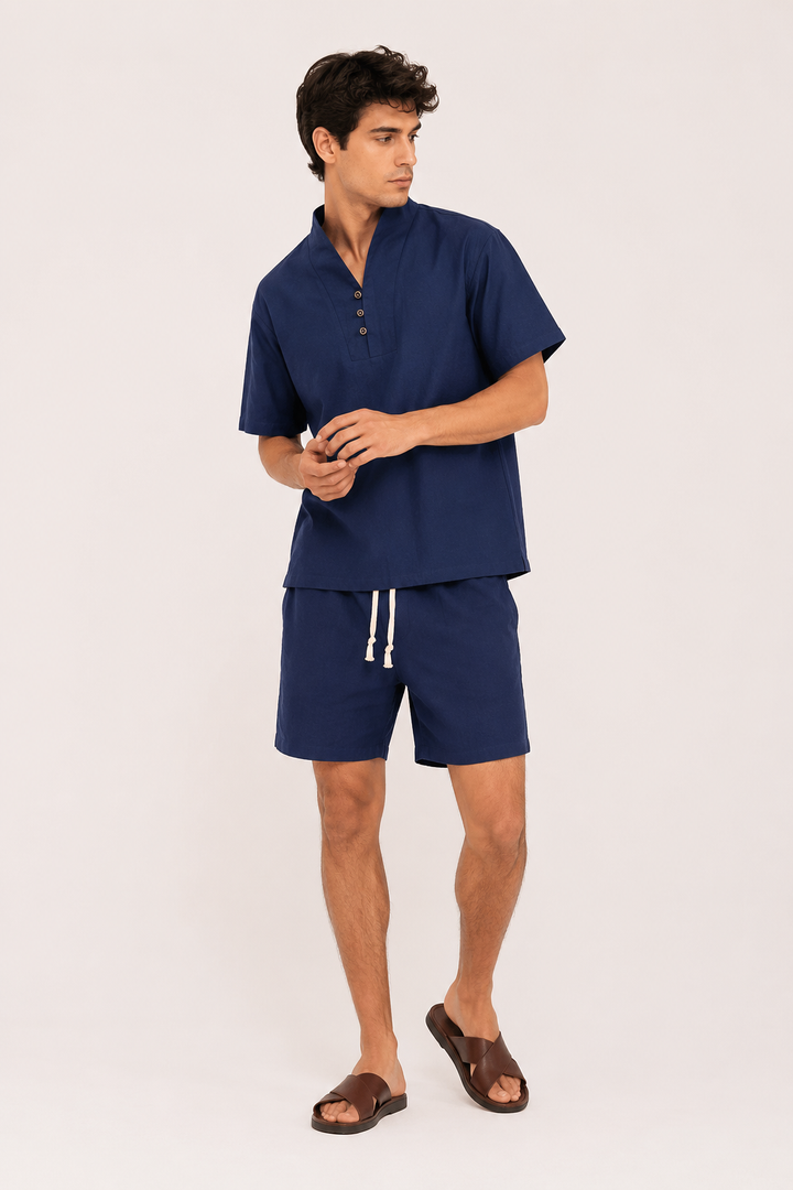Ensemble homme en lin et coton avec col mao et short - Armin