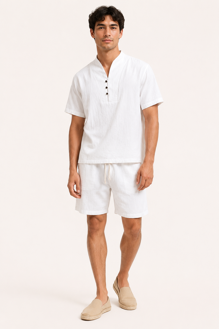 Ensemble homme en lin et coton avec col mao et short - Armin