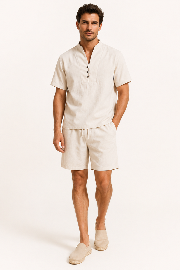 Ensemble homme en lin et coton avec col mao et short - Armin